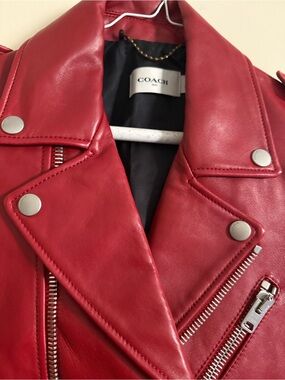COACH Red Leather Moto-Style Jacket with Silver Hardware